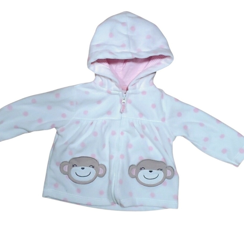 Carters NWOT Girls Monkey Fleece Zip Hooded Pink Polka Dot Jacket